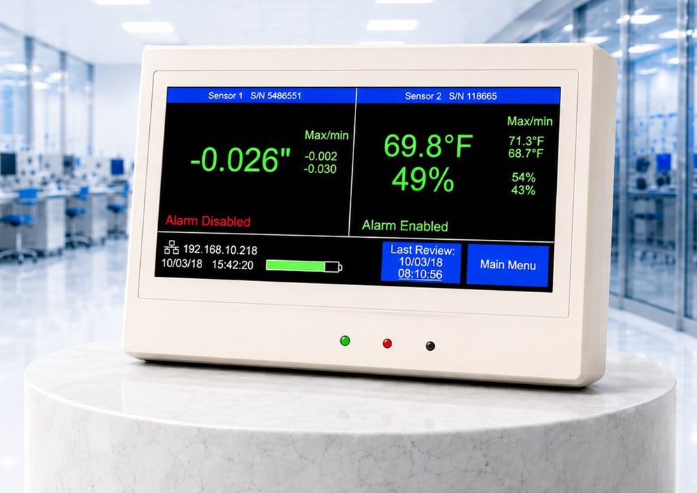 TV2 monitor showing temperature, humidity and room pressure readings in a laboratory
