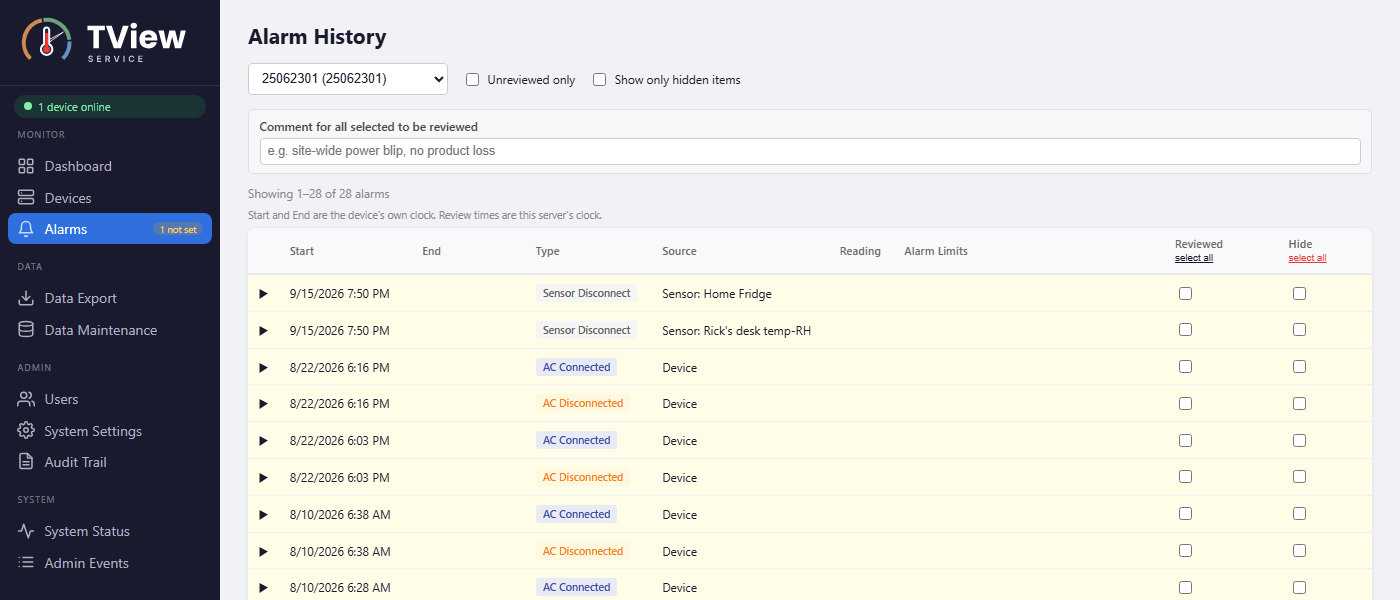 The Alarm History page, where reviewers mark alarms as reviewed and add comments
